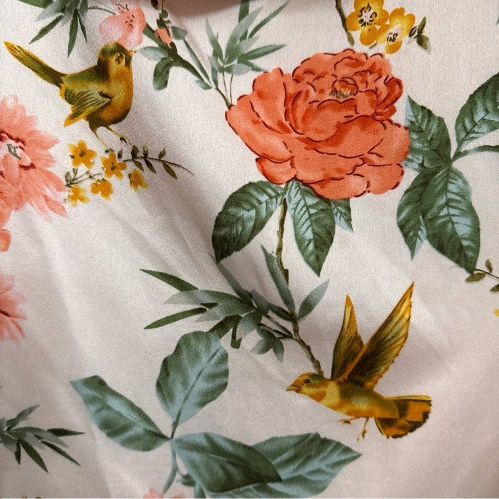 Forever21 Floral Bird Cottagecore Mini Dress L Tie Cold Shoulder Ruffle Lined - Picture 6 of 8